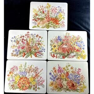 Set Of 5 Vintage Place Mats Flowers On The Veld Hope Poland 7.5x10”
